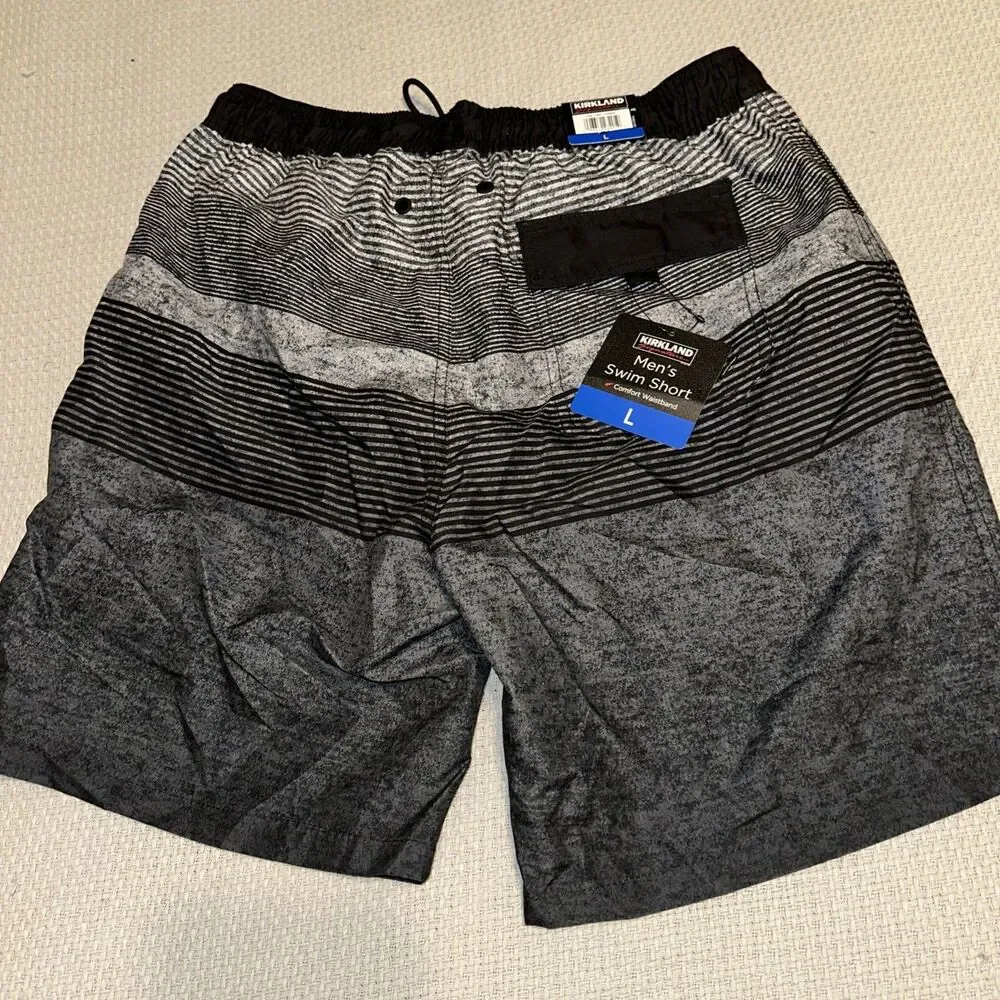 Kirkland Signature Men's Stretch Swim Shorts, Grey/Black Stripes Size Large NWT